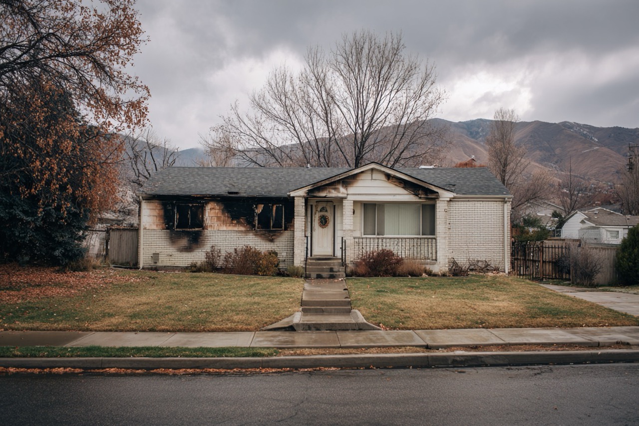 Fire damaged house exterior in Salt Lake City Utah neighborhood