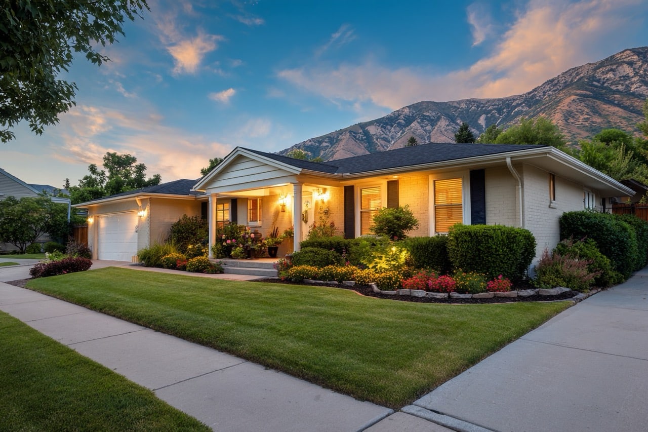 Salt Lake City Utah home exterior with mountain backdrop and landscaping